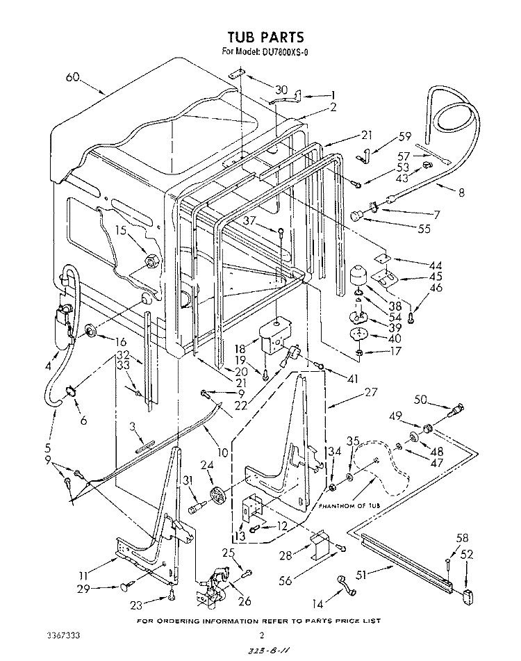 TUB , LITERATURE AND OPTIONAL Diagram and Parts List for DU7800XS0  Whirlpool Dishwasher