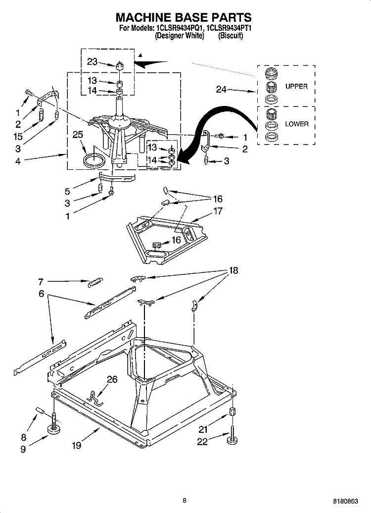 MACHINE BASE PARTS Diagram and Parts List for 1CLSR9434PT1  Whirlpool Washer