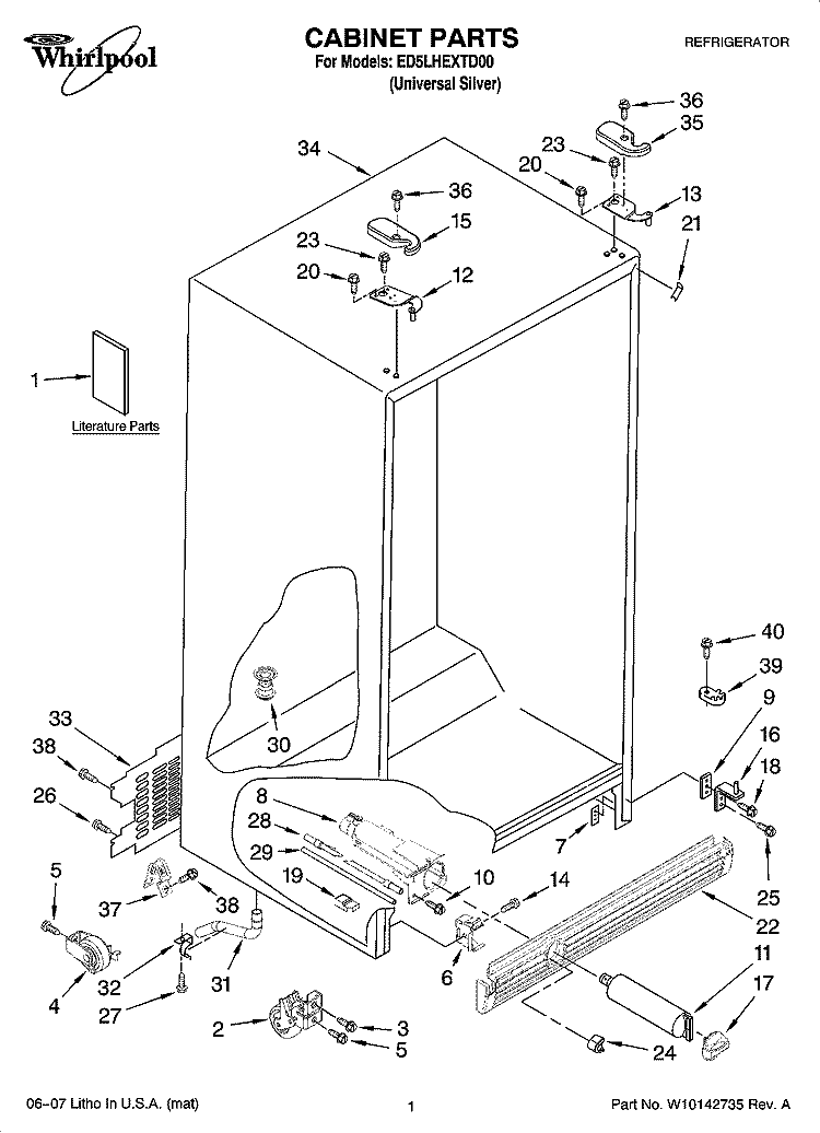 CABINET PARTS Diagram and Parts List for ED5LHEXTD00  Whirlpool Refrigerator