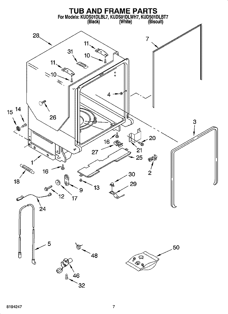 TUB AND FRAME PARTS Diagram and Parts List for KUDS01DLWH7  KitchenAid Dishwasher