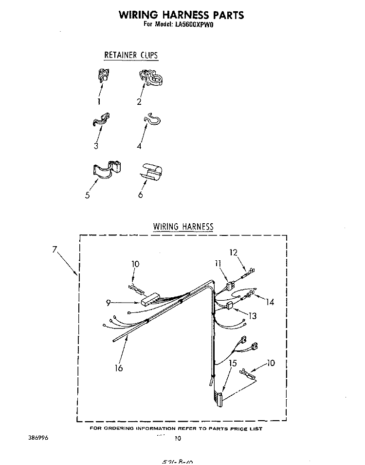 WIRING HARNESS Diagram and Parts List for LA5600XPW0  Whirlpool Washer