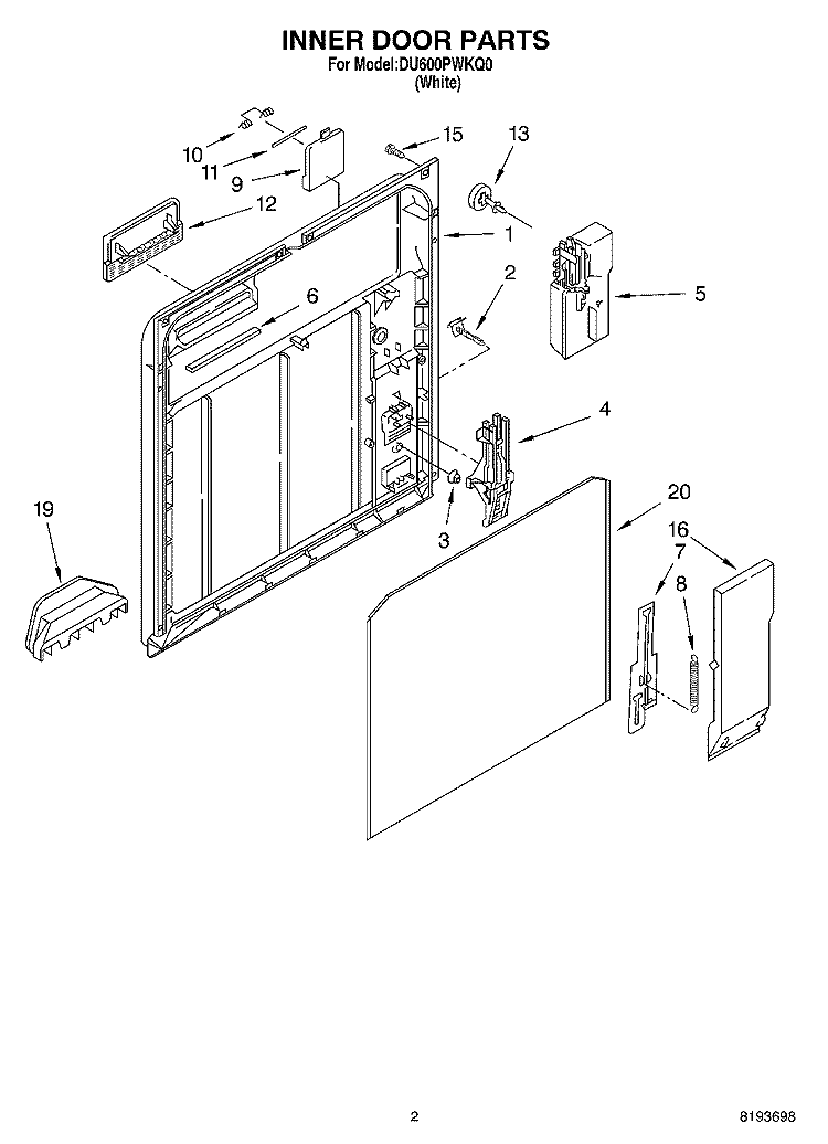 INNER DOOR Diagram and Parts List for DU600PWKQ0  Whirlpool Dishwasher