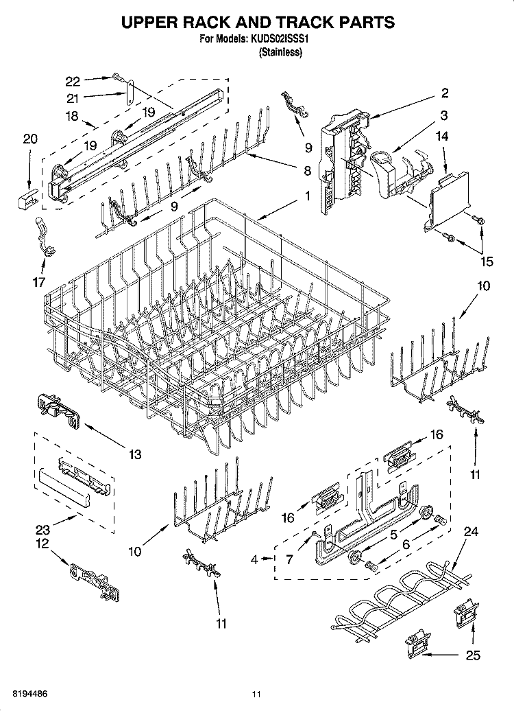 UPPER RACK AND TRACK PARTS Diagram and Parts List for KUDS02ISSS1  KitchenAid Dishwasher