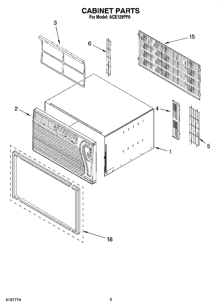 CABINET PARTS Diagram and Parts List for ACE129PP0  Whirlpool Air Conditioner