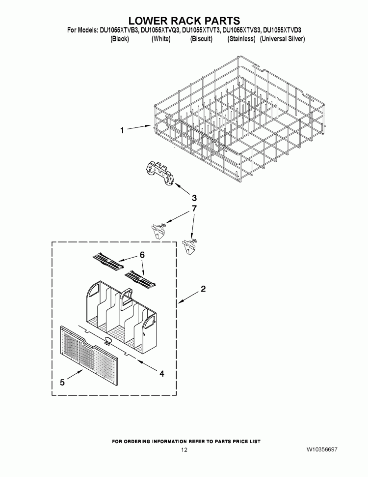 LOWER RACK PARTS Diagram and Parts List for DU1055XTVD3  Whirlpool Dishwasher