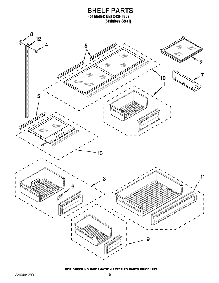 SHELF PARTS Diagram and Parts List for KBFC42FTS06  KitchenAid Refrigerator