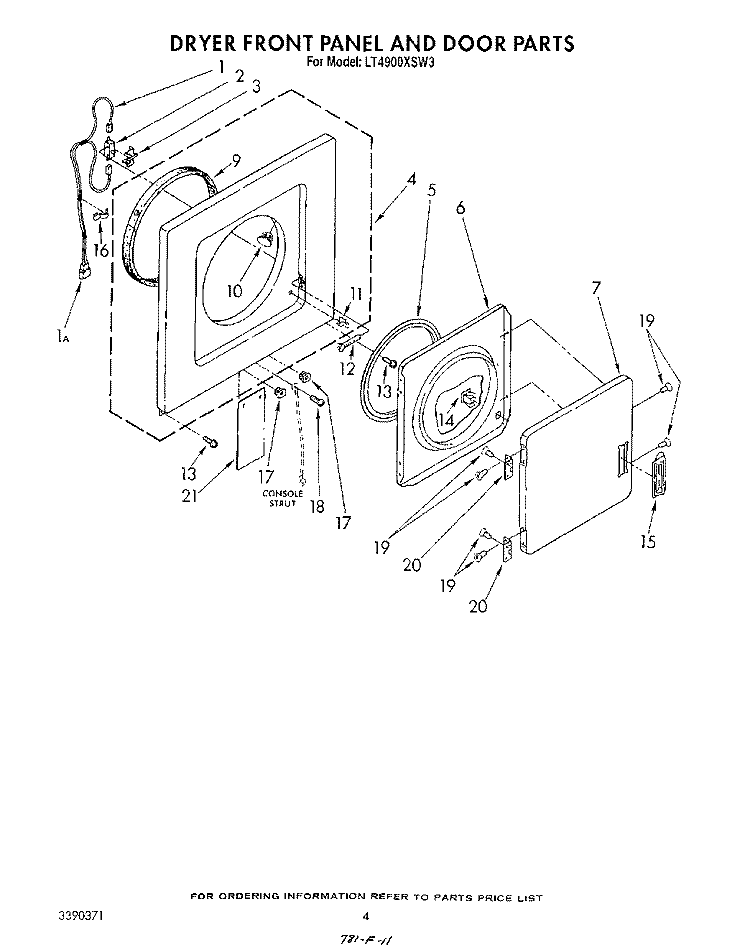 DRYER FRONT PANEL AND DOOR Diagram and Parts List for LT4900XSW3  Whirlpool Washer Dryer Combo