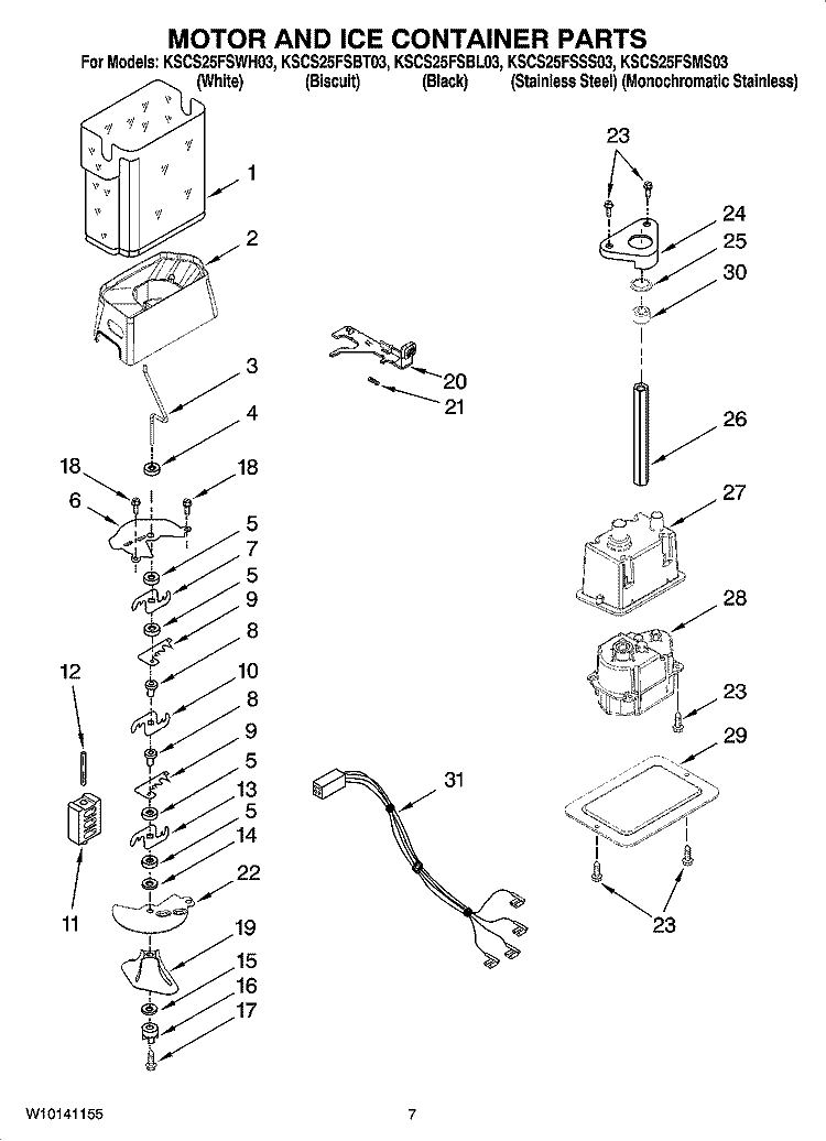 MOTOR AND ICE CONTAINER PARTS Diagram and Parts List for KSCS25FSBL03  KitchenAid Refrigerator