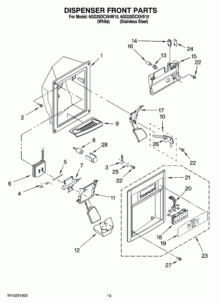 DISPENSER FRONT PARTS Diagram and Parts List for 6GD25DCXHS10  Whirlpool Refrigerator