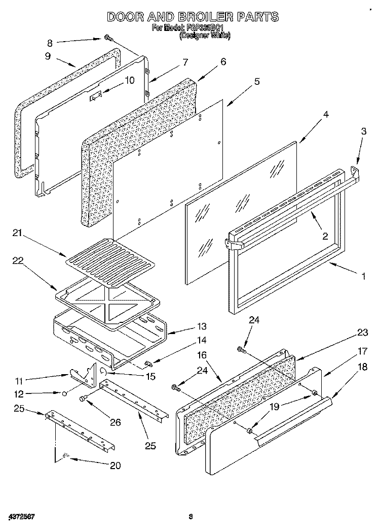 DOOR AND BROILER Diagram and Parts List for FGP335BQ1  Roper Range