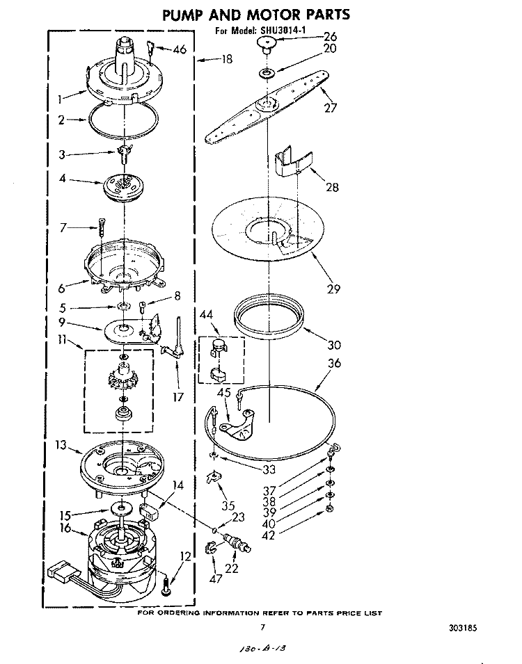 PUMP AND MOTOR Diagram and Parts List for SHU30141  Whirlpool Dishwasher