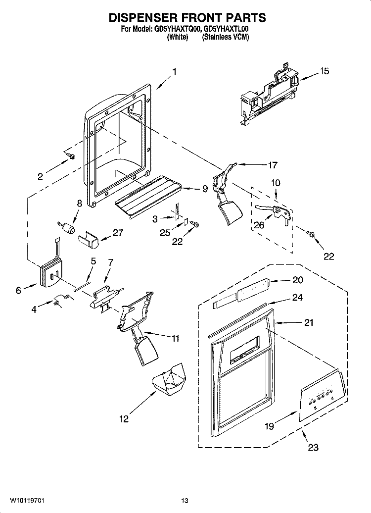 DISPENSER FRONT PARTS Diagram and Parts List for GD5YHAXTL00  Whirlpool Refrigerator