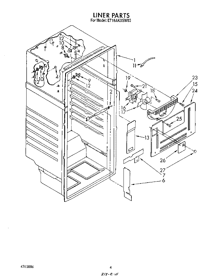 LINER Diagram and Parts List for ET16AKXSW03  Whirlpool Refrigerator