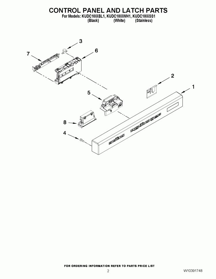 CONTROL PANEL AND LATCH PARTS Diagram and Parts List for KUDC10IXWH1  KitchenAid Dishwasher
