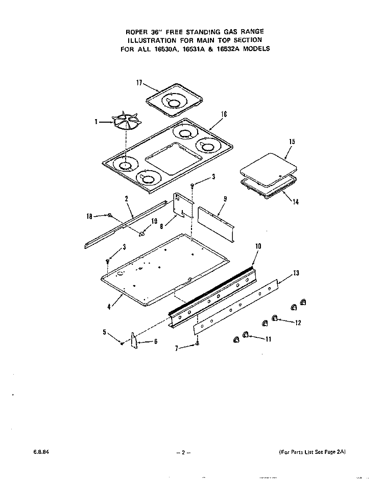 MAIN TOP Diagram and Parts List for 1653W0A  Roper Range