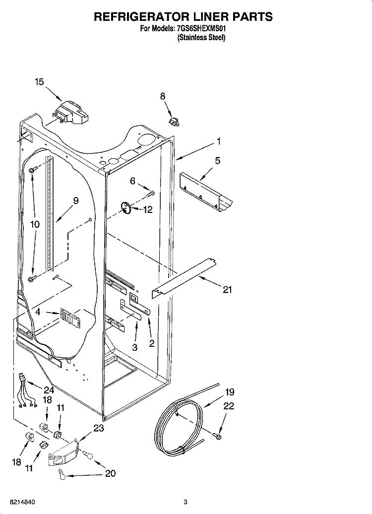 REFRIGERATOR LINER PARTS Diagram and Parts List for 7GS6SHEXMS01  Whirlpool Refrigerator