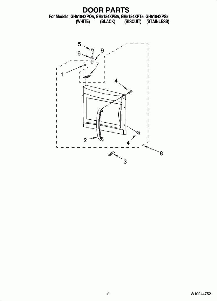 DOOR PARTS Diagram and Parts List for GH5184XPB5  Whirlpool Microwave