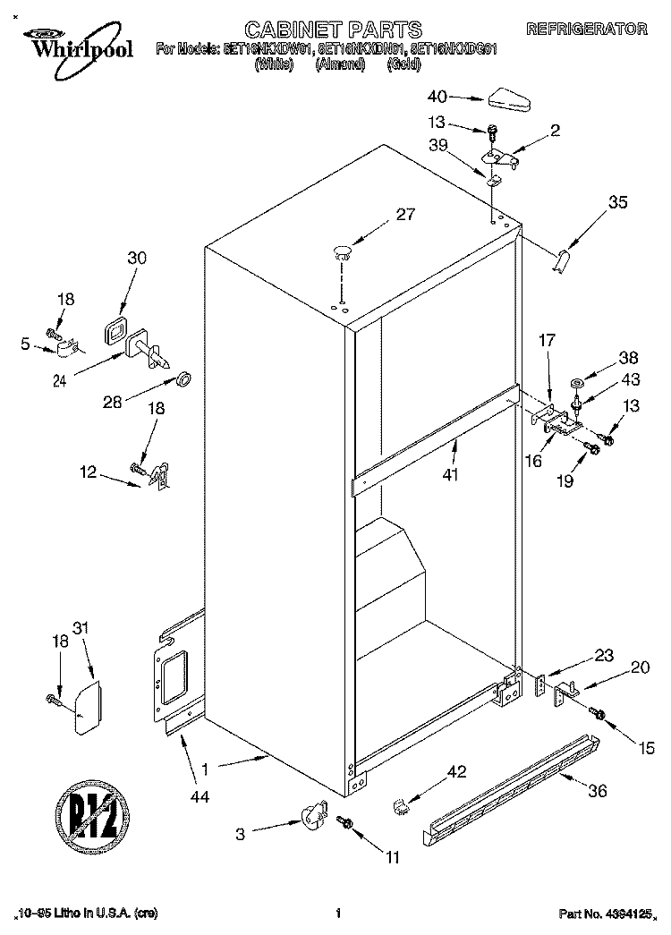 CABINET Diagram and Parts List for 8ET16NKXDN01  Whirlpool Refrigerator
