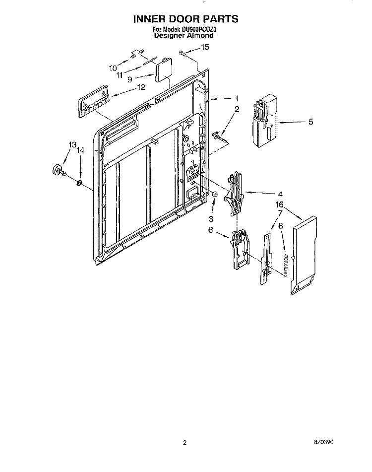 INNER DOOR Diagram and Parts List for DU900PCDZ3  Whirlpool Dishwasher