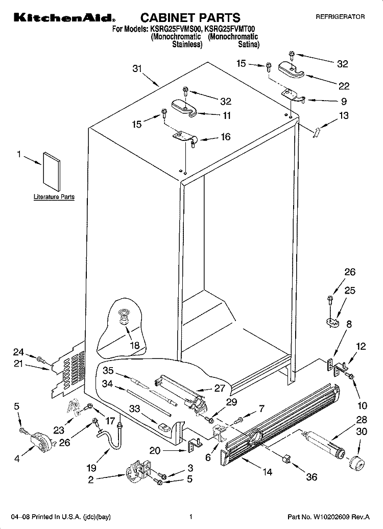 CABINET PARTS Diagram and Parts List for KSRG25FVMS00  KitchenAid Refrigerator