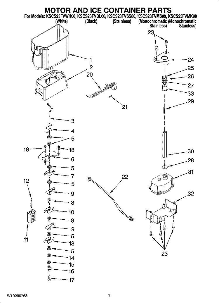MOTOR AND ICE CONTAINER PARTS Diagram and Parts List for KSCS23FVBL00  KitchenAid Refrigerator