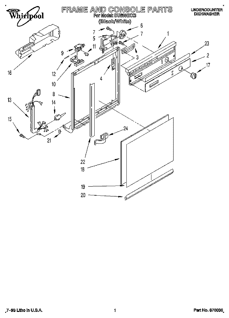 FRAME AND CONSOLE Diagram and Parts List for DU8550XX3  Whirlpool Dishwasher