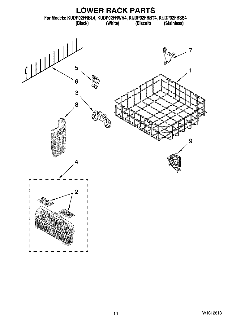 LOWER RACK PARTS, OPTIONAL PARTS (NOT INCLUDED) Diagram and Parts List for KUDP02FRBL4  KitchenAid Dishwasher