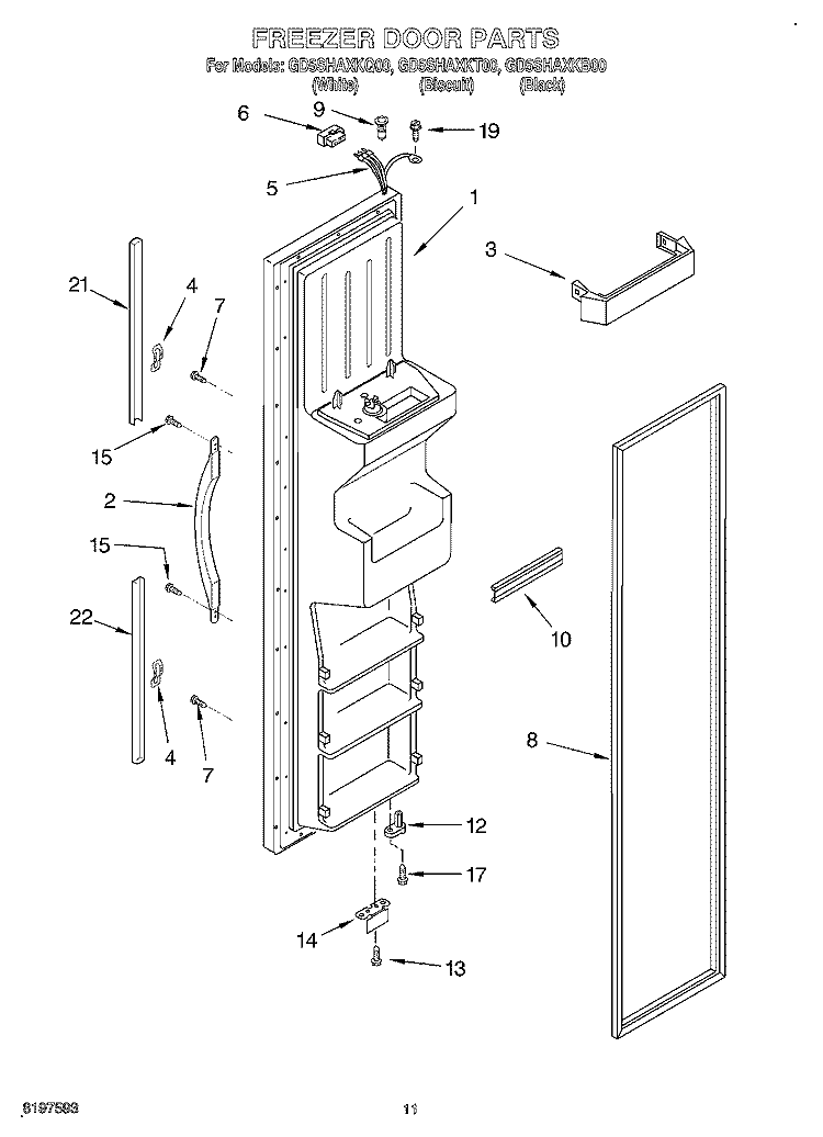 FREEZER DOOR Diagram and Parts List for GD5SHAXKQ00  Whirlpool Refrigerator
