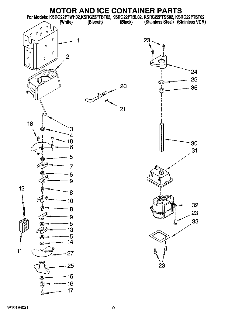 MOTOR AND ICE CONTAINER PARTS Diagram and Parts List for KSRG22FTSS02  KitchenAid Refrigerator