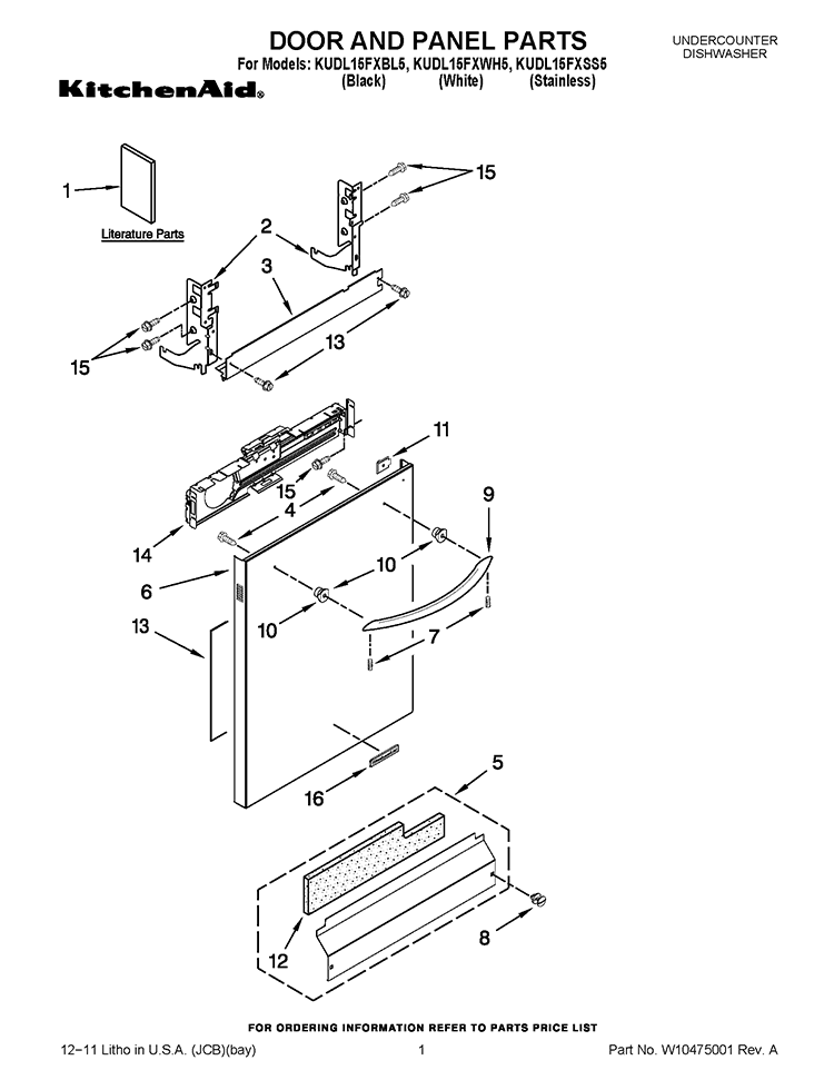 DOOR AND PANEL PARTS Diagram and Parts List for KUDL15FXBL5  KitchenAid Dishwasher