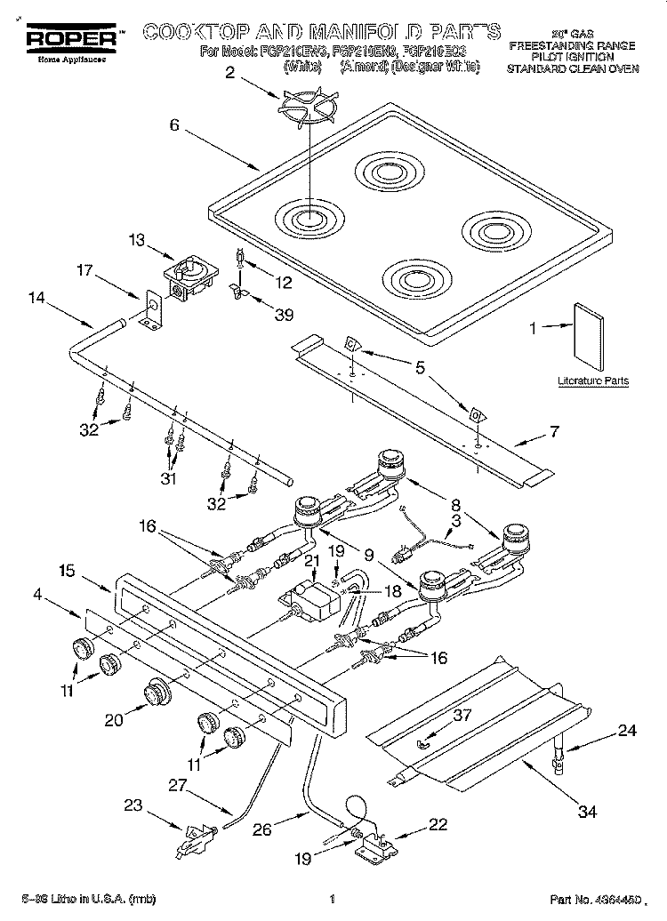 COOKTOP AND MANIFOLD, LITERATURE Diagram and Parts List for FGP210EQ3  Roper Range