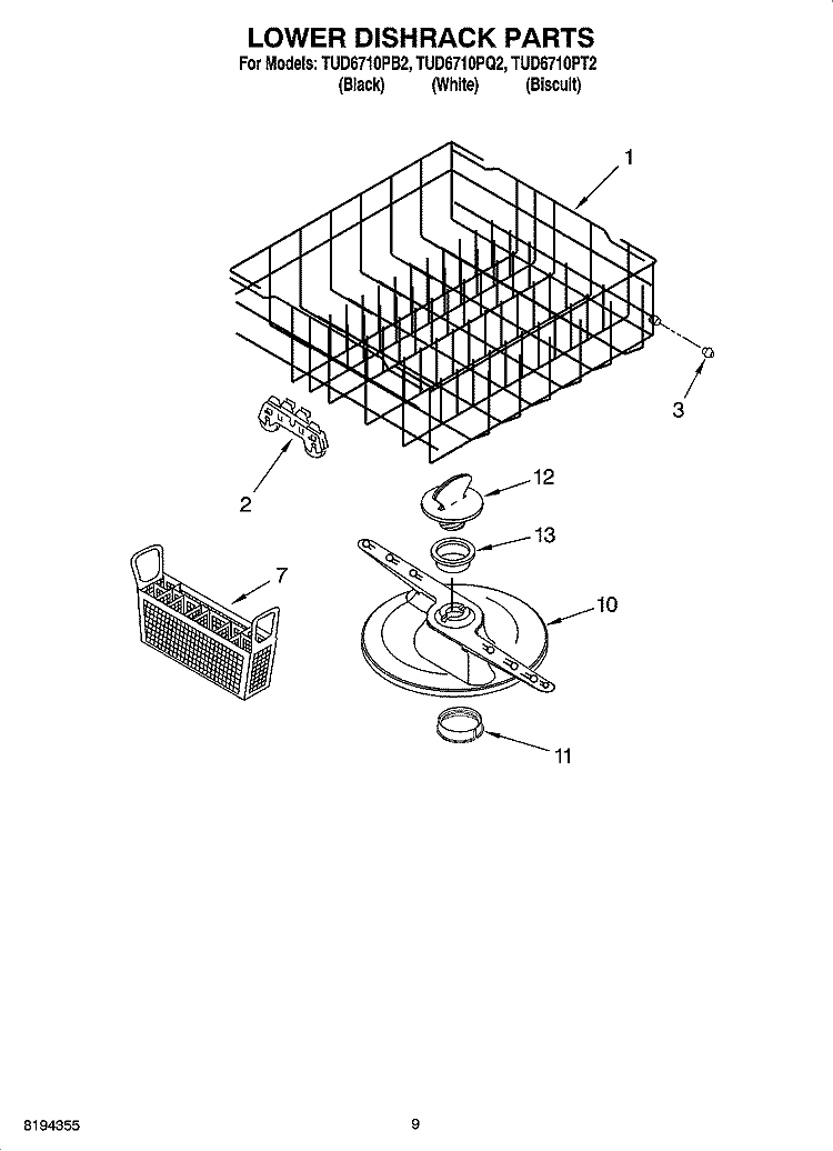 LOWER DISHRACK PARTS, OPTIONAL PARTS (NOT INCLUDED) Diagram and Parts List for TUD6710PQ2  Estate Dishwasher