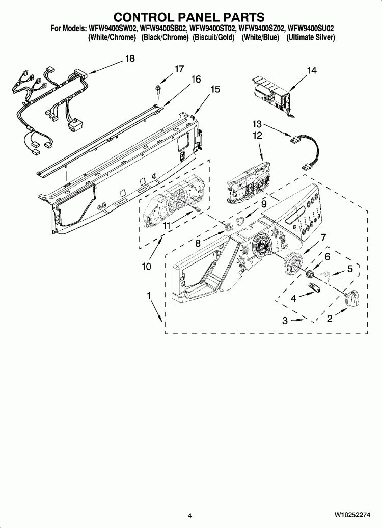 CONTROL PANEL PARTS Diagram and Parts List for WFW9400ST02  Whirlpool Washer