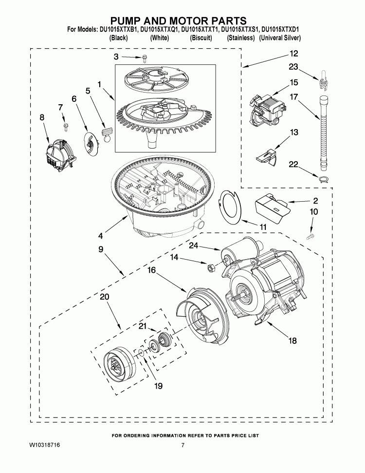 PUMP AND MOTOR PARTS Diagram and Parts List for DU1015XTXQ1  Whirlpool Dishwasher