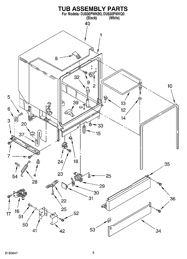 TUB ASSEMBLY Diagram and Parts List for DU930PWKB0  Whirlpool Dishwasher