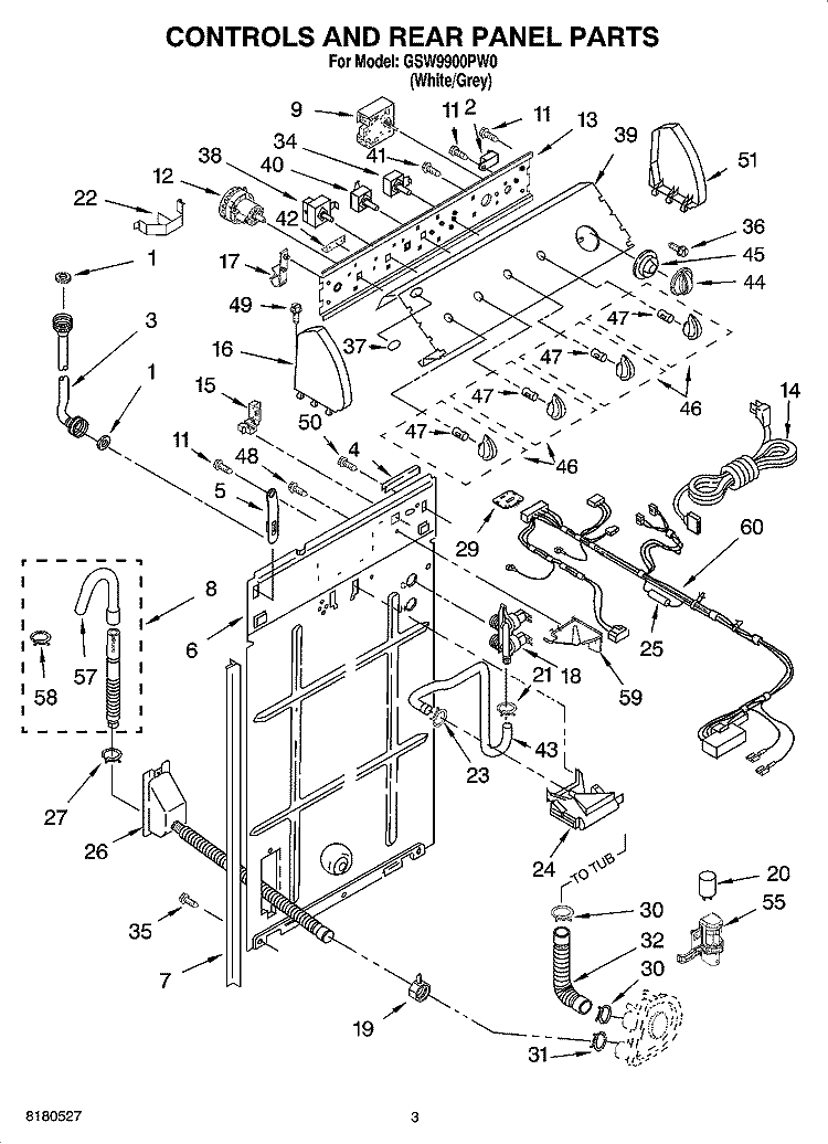 CONTROLS AND REAR PANEL PARTS Diagram and Parts List for GSW9900PW0  Whirlpool Washer