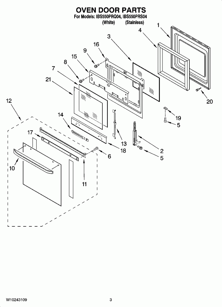 OVEN DOOR PARTS Diagram and Parts List for IBS550PRQ04  Whirlpool Wall Oven