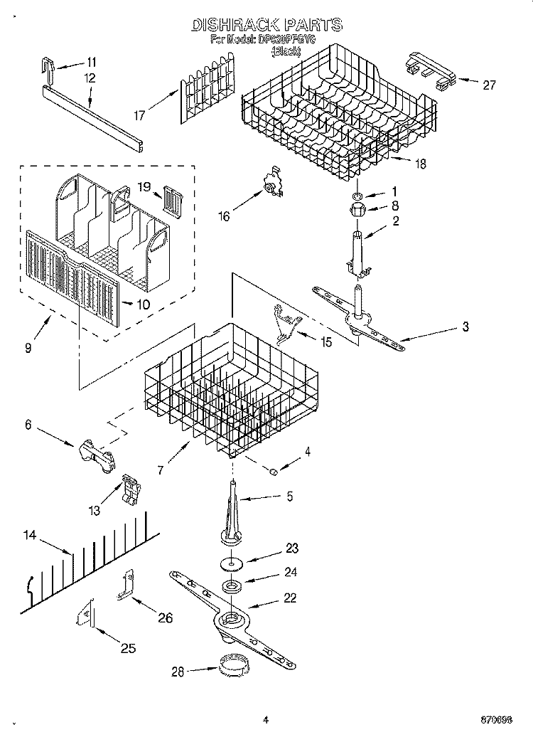 DISHRACK Diagram and Parts List for DP920PFGY0  Whirlpool Dishwasher