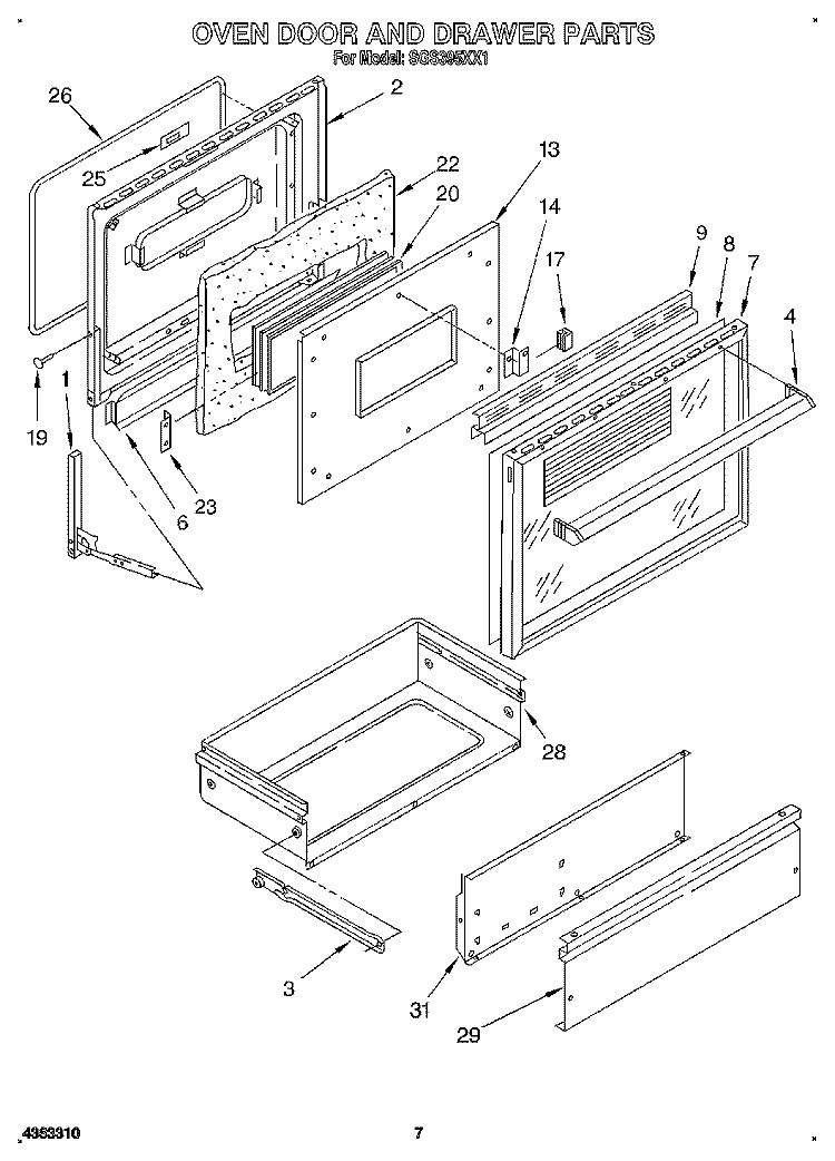 OVEN DOOR AND DRAWER Diagram and Parts List for SGS395XX1  Roper Range
