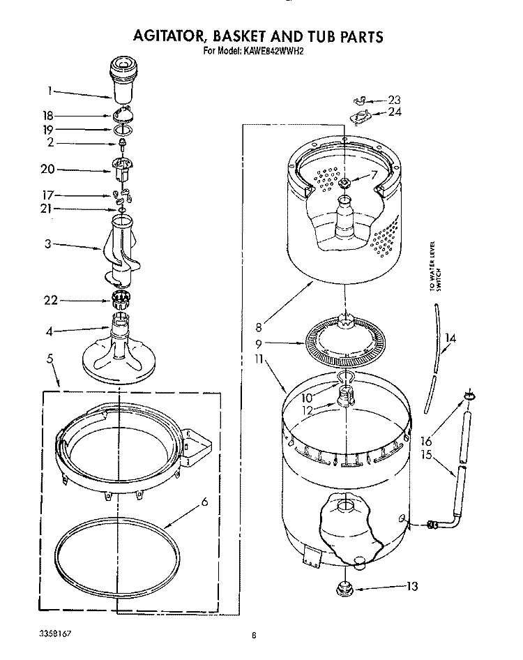 AGITATOR, BASKET AND TUB Diagram and Parts List for KAWE842WAL2  Whirlpool Washer