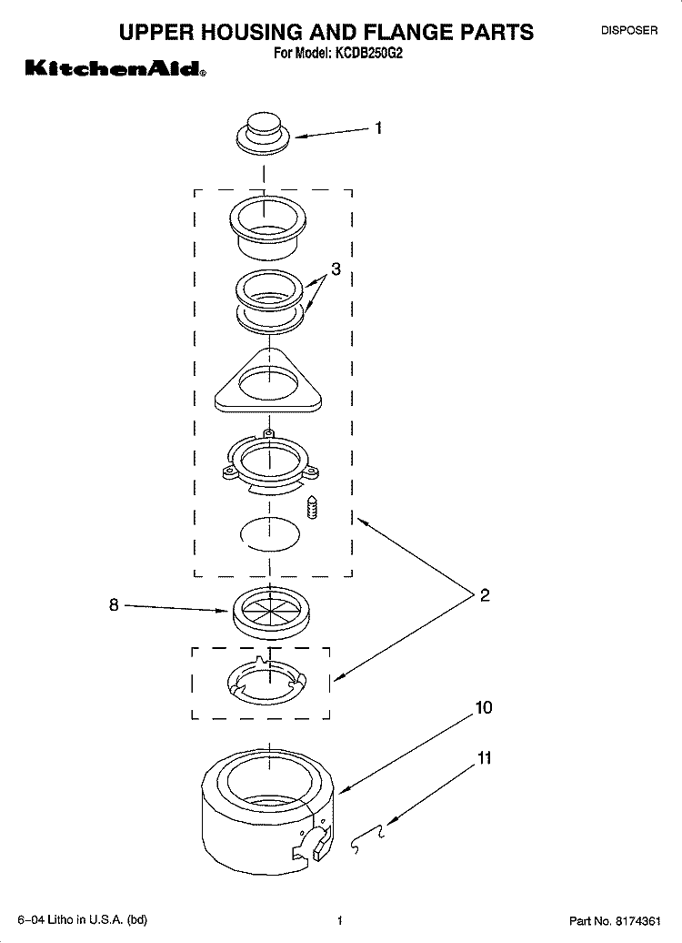 UPPER HOUSING AND FLANGE PARTS Diagram and Parts List for KCDB250G2  KitchenAid Food Waste Disposer