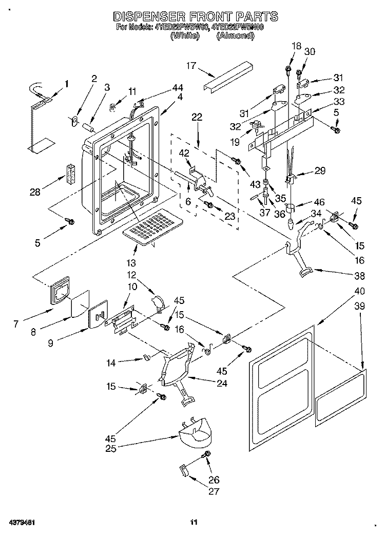 DISPENSER FRONT Diagram and Parts List for 4YED22PWBW00  Whirlpool Refrigerator