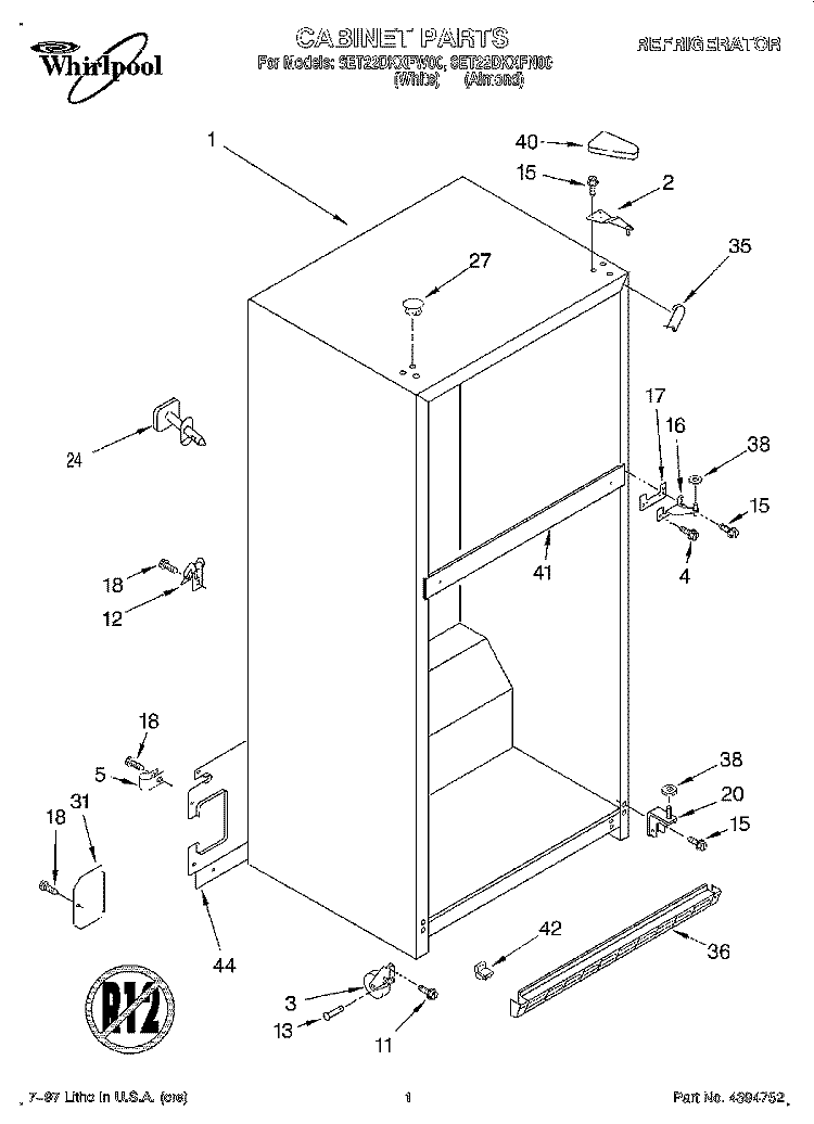CABINET Diagram and Parts List for 8ET22DKXFN00  Whirlpool Refrigerator