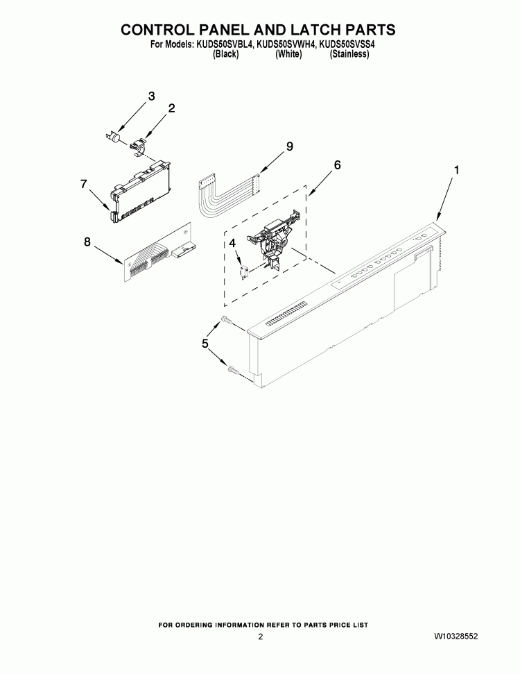 CONTROL PANEL AND LATCH PARTS Diagram and Parts List for KUDS50SVBL4  KitchenAid Dishwasher
