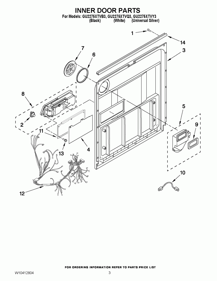 INNER DOOR PARTS Diagram and Parts List for GU2275XTVY3  Whirlpool Dishwasher
