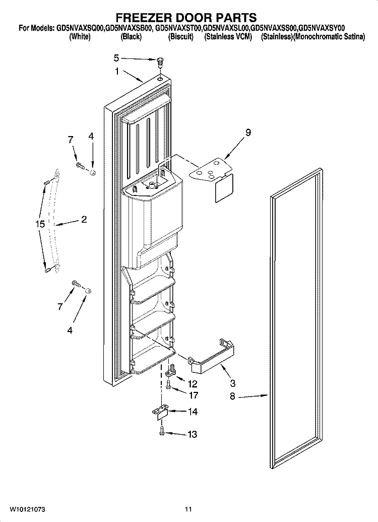 FREEZER DOOR PARTS Diagram and Parts List for GD5NVAXSS00  Whirlpool Refrigerator