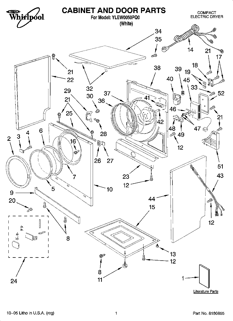 CABINET AND DOOR PARTS Diagram and Parts List for YLEW0050PQ0  Whirlpool Dryer