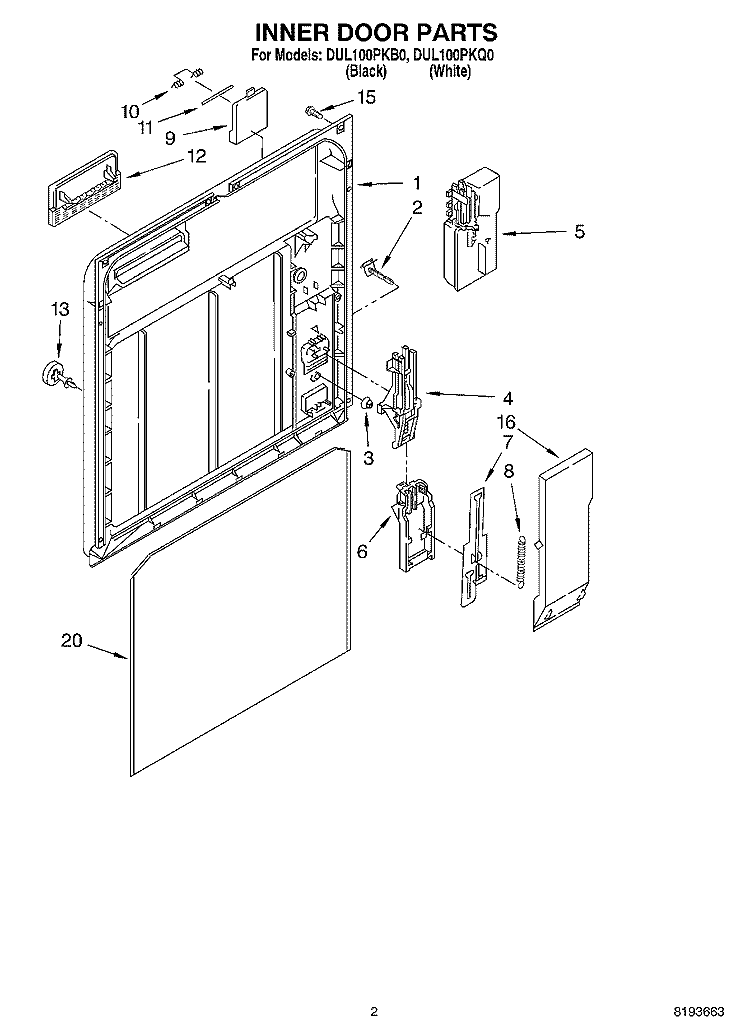 INNER DOOR Diagram and Parts List for DUL100PKQ0  Whirlpool Dishwasher