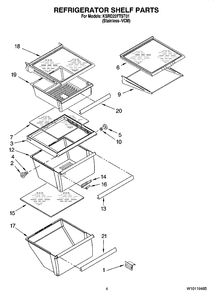 REFRIGERATOR SHELF PARTS Diagram and Parts List for KSRD22FTST01  KitchenAid Refrigerator