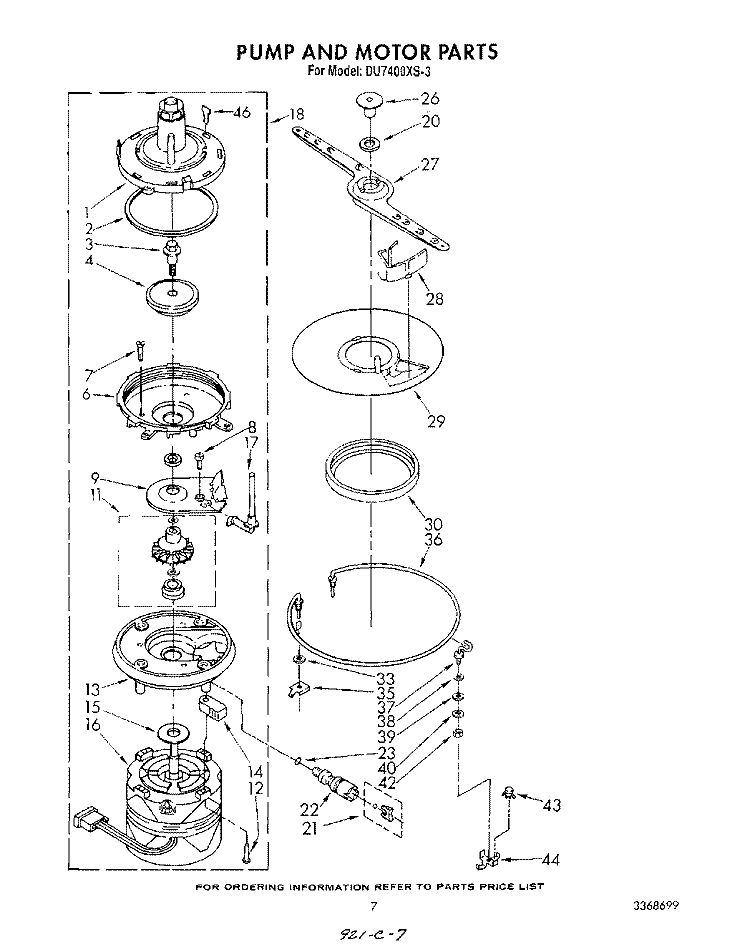 PUMP AND MOTOR Diagram and Parts List for DU7400XS3  Whirlpool Dishwasher